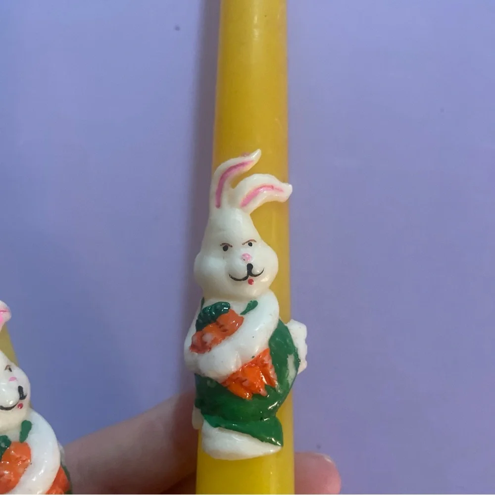Vintage Easter Taper Candles Pair 10” Yellow w/ Bunny Carrots Never Burnt